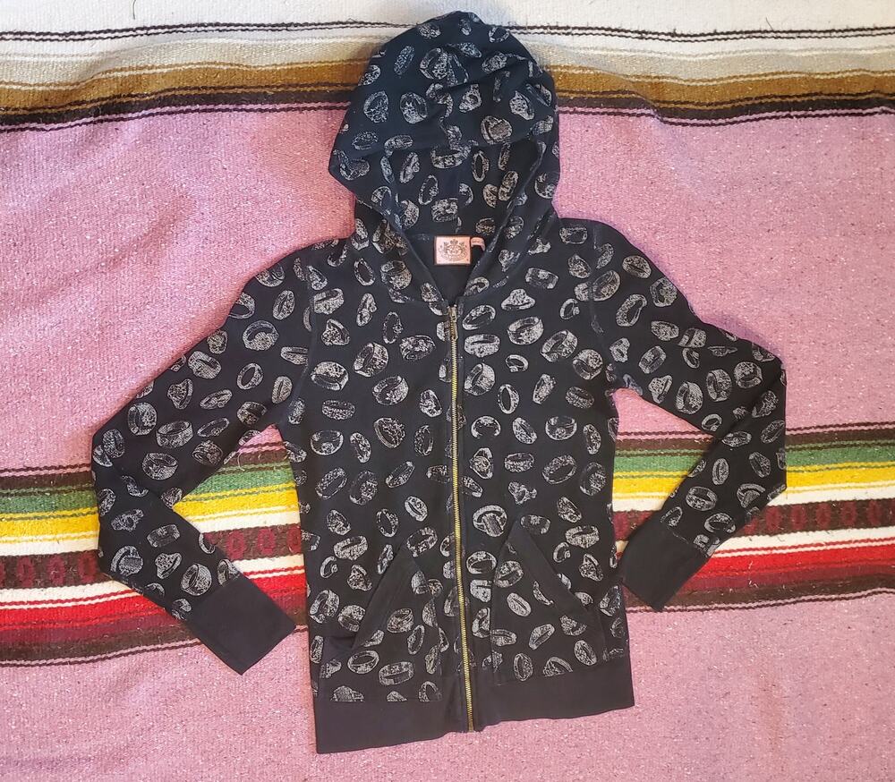 Rare Y2K Vintage Juicy Monogram Diamond Ring Black Hoodie M Zip-Up